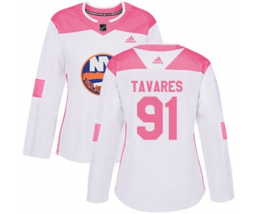 Adidas New York Islanders #91 John Tavares White Pink Authentic Fashion Women's Stitched NHL Jersey