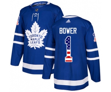 Adidas Maple Leafs #1 Johnny Bower Blue Home Authentic USA Flag Stitched NHL Jersey