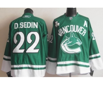 Vancouver Canucks #22 Daniel Sedin St. Patrick's Day Green Jersey