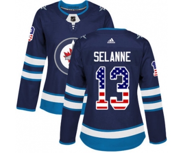 Adidas Winnipeg Jets #13 Teemu Selanne Navy Blue Home Authentic USA Flag Women's Stitched NHL Jersey