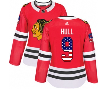 Adidas Chicago Blackhawks #9 Bobby Hull Red Home Authentic USA Flag Women's Stitched NHL Jersey