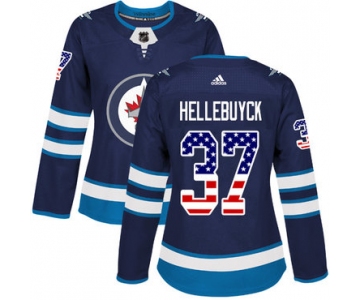 Adidas Winnipeg Jets #37 Connor Hellebuyck Navy Blue Home Authentic USA Flag Women's Stitched NHL Jersey