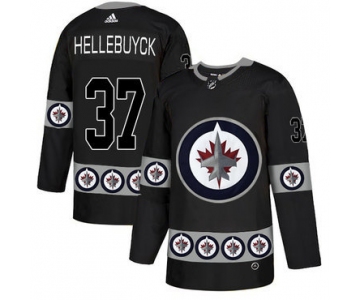 Men's Winnipeg Jets #37 Connor Hellebuyck Black Team Logos Fashion Adidas Jersey