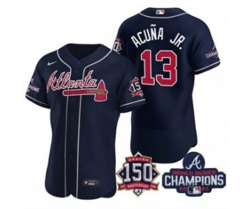 Men's Navy Atlanta Braves #13 Ronald Acuna Jr. 2021 World Series Champions With 150th Anniversary Flex Base Stitched Jersey