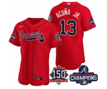 Men's Red Atlanta Braves #13 Ronald Acuna Jr. 2021 World Series Champions With 150th Anniversary Flex Base Stitched Jersey