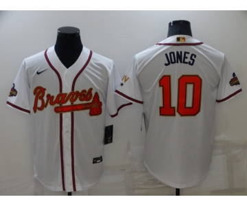 Men's Atlanta Braves #10 Chipper Jones 2022 White Gold World Series Champions Program Cool Base Stitched Baseball Jersey