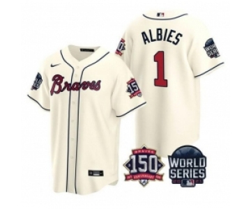 Men Atlanta Braves 1 Ozzie Albies 2021 Cream World Series With 150th Anniversary Patch Cool Base Stitched Jersey