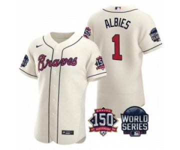 Men Atlanta Braves 1 Ozzie Albies 2021 Cream World Series With 150th Anniversary Patch Stitched Baseball Jersey