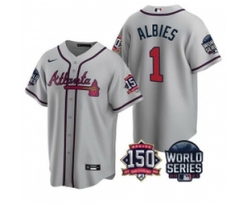 Men Atlanta Braves 1 Ozzie Albies 2021 Gray World Series With 150th Anniversary Patch Cool Base Stitched Jersey