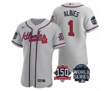 Men Atlanta Braves 1 Ozzie Albies 2021 Gray World Series With 150th Anniversary Patch Stitched Baseball Jersey