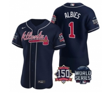 Men Atlanta Braves 1 Ozzie Albies 2021 Navy World Series With 150th Anniversary Patch Stitched Baseball Jersey