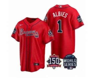 Men Atlanta Braves 1 Ozzie Albies 2021 Red World Series With 150th Anniversary Patch Cool Base Stitched Jersey