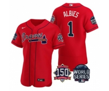 Men Atlanta Braves 1 Ozzie Albies 2021 Red World Series With 150th Anniversary Patch Stitched Baseball Jersey