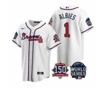 Men Atlanta Braves 1 Ozzie Albies 2021 White World Series With 150th Anniversary Patch Cool Base Stitched Jersey