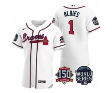 Men Atlanta Braves 1 Ozzie Albies 2021 White World Series With 150th Anniversary Patch Stitched Baseball Jersey