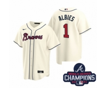 Men Nike Atlanta Braves 1 Ozzie Albies Cream Alternate Stitched Baseball Stitched MLB 2021 Champions Patch Jersey