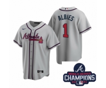 Men Nike Atlanta Braves 1 Ozzie Albies Gray Road Stitched Baseball Stitched MLB 2021 Champions Patch Jersey