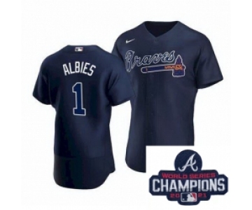 Men Nike Atlanta Braves 1 Ozzie Albies Navy Blue Home Stitched Baseball Stitched MLB 2021 Champions Patch Jersey