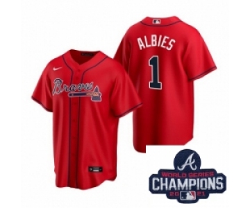 Men Nike Atlanta Braves 1 Ozzie Albies Red Alternate Stitched Baseball Stitched MLB 2021 Champions Patch Jersey