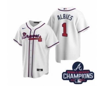 Men Nike Atlanta Braves 1 Ozzie Albies White Home Stitched Baseball Stitched MLB 2021 Champions Patch Jersey