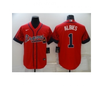 Men's Atlanta Braves #1 Ozzie Albies 2021 City Connect Red Cool Base Stitched Baseball Jersey