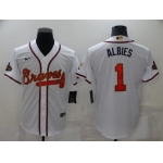 Men's Atlanta Braves #1 Ozzie Albies 2022 White Gold World Series Champions Program Cool Base Stitched Baseball Jersey