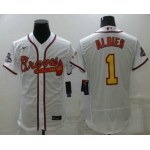 Men's Atlanta Braves #1 Ozzie Albies White Gold 2021 World Series Champions Stitched MLB Flex Base Jersey