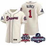 Men's Cream Atlanta Braves #1 Ozzie Albies 2021 World Series Champions With 150th Anniversary Flex Base Stitched Jersey