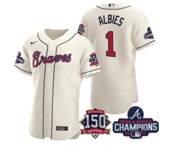 Men's Cream Atlanta Braves #1 Ozzie Albies 2021 World Series Champions With 150th Anniversary Flex Base Stitched Jersey