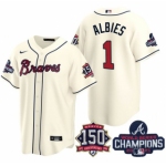 Men's Cream Atlanta Braves #1 Ozzie Albies 2021 World Series Champions With 150th Anniversary Patch Cool Base Stitched Jersey