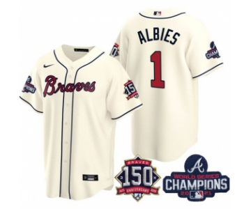 Men's Cream Atlanta Braves #1 Ozzie Albies 2021 World Series Champions With 150th Anniversary Patch Cool Base Stitched Jersey