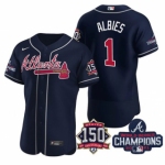 Men's Navy Atlanta Braves #1 Ozzie Albies 2021 World Series Champions With 150th Anniversary Flex Base Stitched Jersey