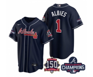 Men's Navy Atlanta Braves #1 Ozzie Albies 2021 World Series Champions With 150th Anniversary Patch Cool Base Stitched Jersey