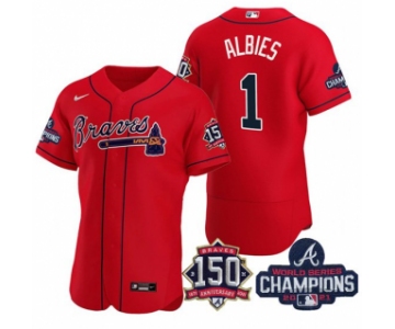 Men's Red Atlanta Braves #1 Ozzie Albies 2021 World Series Champions With 150th Anniversary Flex Base Stitched Jersey