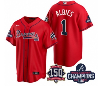 Men's Red Atlanta Braves #1 Ozzie Albies 2021 World Series Champions With 150th Anniversary Patch Cool Base Stitched Jersey