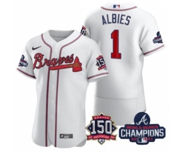 Men's White Atlanta Braves #1 Ozzie Albies 2021 World Series Champions With 150th Anniversary Flex Base Stitched Jersey