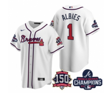 Men's White Atlanta Braves #1 Ozzie Albies 2021 World Series Champions With 150th Anniversary Patch Cool Base Stitched Jersey