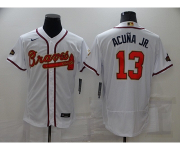 Men's Atlanta Braves #13 Ronald Acuna Jr 2022 White Gold World Series Champions Program Flex Base Stitched Baseball Jersey