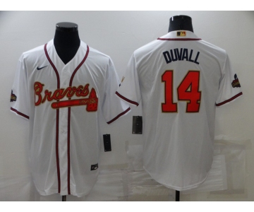 Men's Atlanta Braves #14 Adam Duvall 2022 White Gold World Series Champions Program Cool Base Stitched Jersey