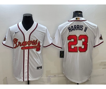 Men's Atlanta Braves #23 Michael Harris II White Gold World Series Champions Program Cool Base Stitched Baseball Jersey