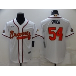 Men's Atlanta Braves #54 Max Fried 2022 White Gold World Series Champions Program Cool Base Stitched Baseball Jersey