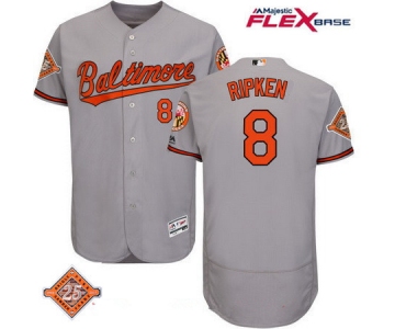 Men's Baltimore Orioles #8 Cal Ripken Retired Gray Road 25TH Patch Stitched MLB Majestic Flex Base Jersey