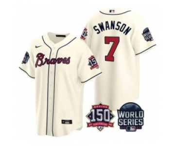 Men Atlanta Braves 7 Dansby Swanson 2021 Cream World Series With 150th Anniversary Patch Cool Base Stitched Jersey