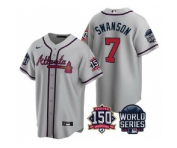 Men Atlanta Braves 7 Dansby Swanson 2021 Gray World Series With 150th Anniversary Patch Cool Base Stitched Jersey