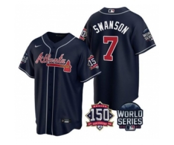 Men Atlanta Braves 7 Dansby Swanson 2021 Navy World Series With 150th Anniversary Patch Cool Base Stitched Jersey