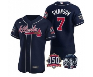 Men Atlanta Braves 7 Dansby Swanson 2021 Navy World Series With 150th Anniversary Patch Stitched Baseball Jersey