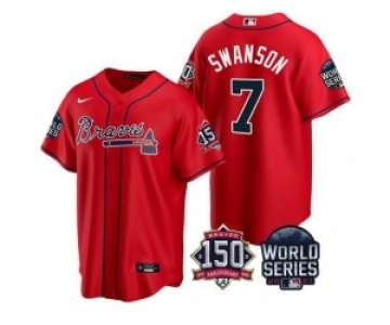 Men Atlanta Braves 7 Dansby Swanson 2021 Red World Series With 150th Anniversary Patch Cool Base Stitched Jersey