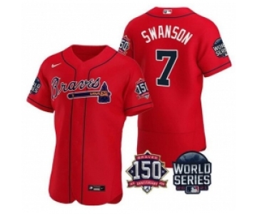 Men Atlanta Braves 7 Dansby Swanson 2021 Red World Series With 150th Anniversary Patch Stitched Baseball Jersey