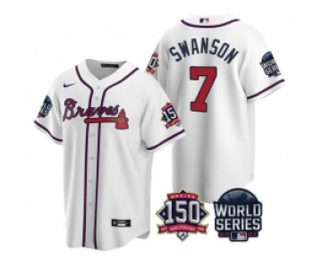 Men Atlanta Braves 7 Dansby Swanson 2021 White World Series With 150th Anniversary Patch Cool Base Stitched Jersey