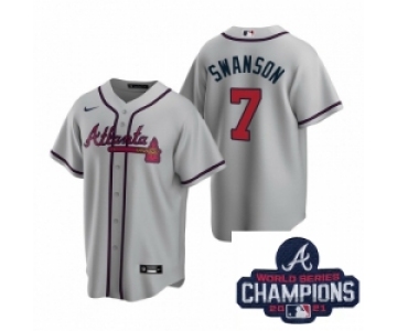 Men Nike Atlanta Braves 7 Dansby Swanson Gray Road Stitched Baseball Stitched MLB 2021 Champions Patch Jersey